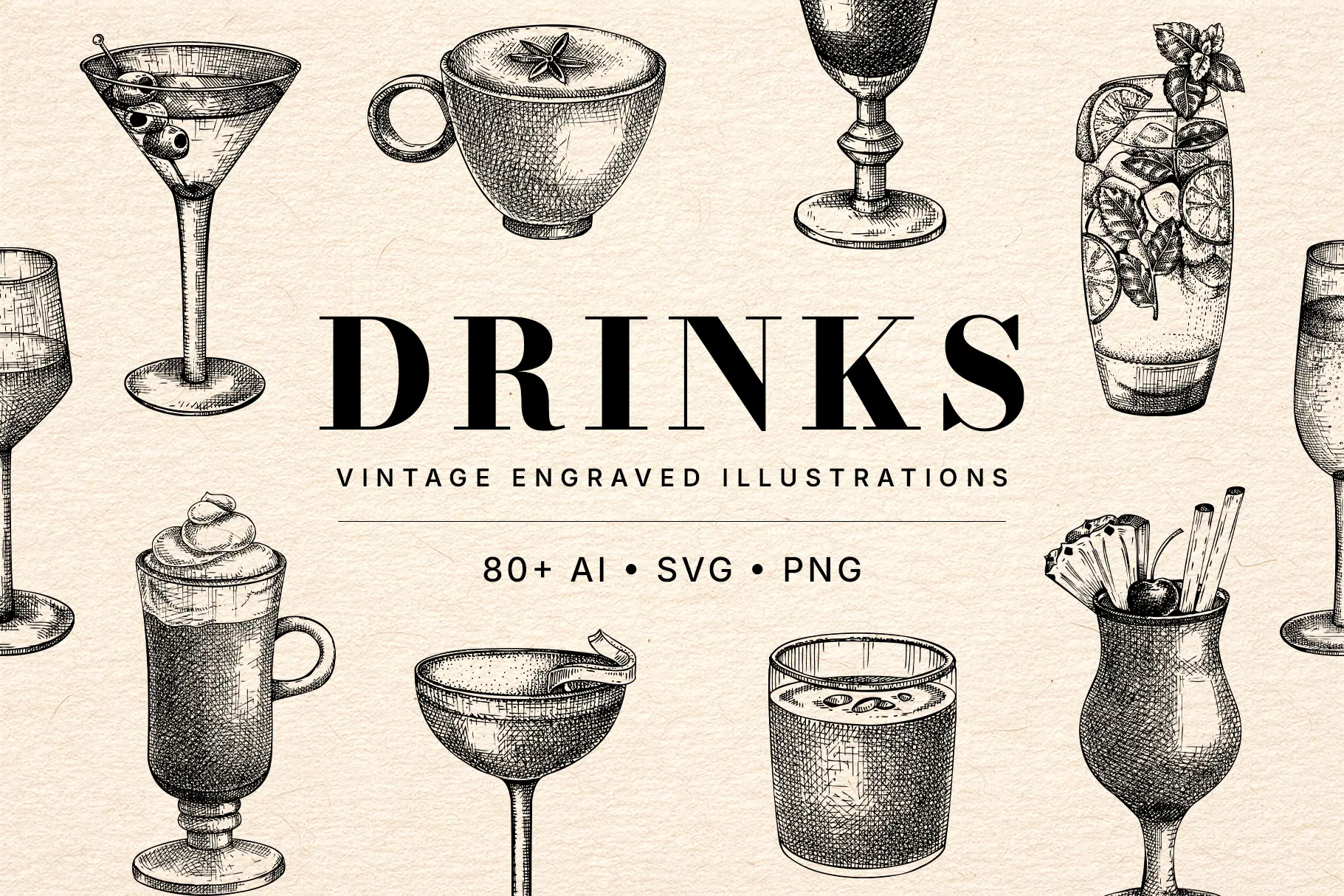 Vintage Drinks & Cocktail Illustrations | Vector Menu Graphics Illustration